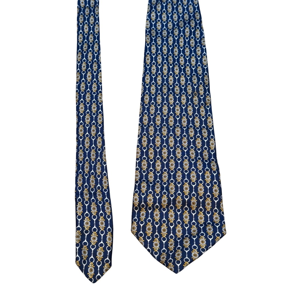 Paolo Gucci Mens Silk Tie Navy‎ Blue Gold Crest Chain Geometric Made in Italy